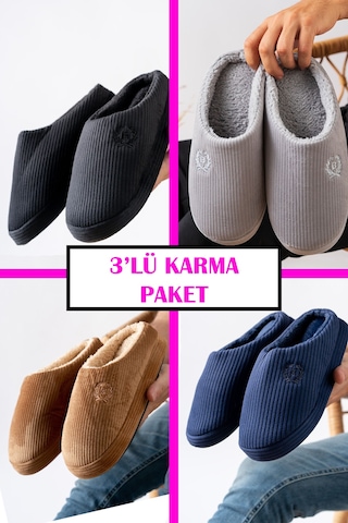 Stwenn 3 Lü Avantajlı Paket Kışlık Peluş Desenli Sessiz Ortopedik Taban Çeyiz Misafir Ev Terliği Set 3' Kadife