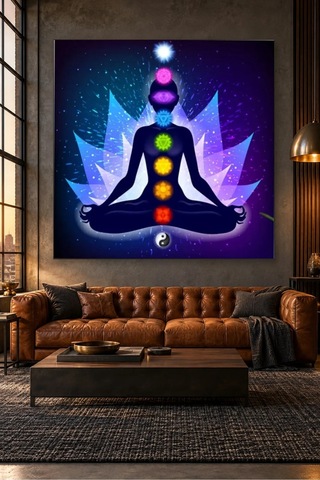 Fida Mavi Işıklı Lotus Ve Yin Yang Çakra Canvas Tablo