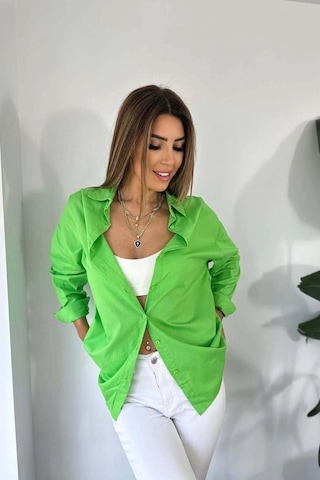 Pamuklu Poplin Kumaş Sırtı Yırtmaçlı Tasarım Kadın Gömlek Yeşil