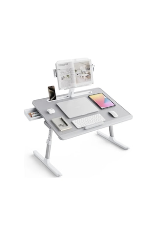 Bix Saiji K10 Xxl Katlanabilir Laptop Masası Kitap Standlı Pvc Deri 5 Kademeli Çalışma Masası Gri