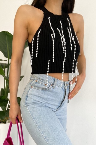 Femelle Kadın Siyah Halter Yaka Boncuklu Triko Crop Bluz