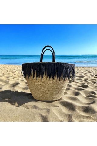 Hasır Çanta, Plaj Çantası, Tasarım Çanta, Siyah Kalın Püsküllü El Çantası Kahverengi - Siyah