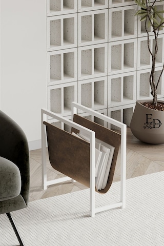 Coral Koltuk Yanı Dergilik , Gazetelik , Kitaplık, Beyaz Metal - Kahverengi Deri