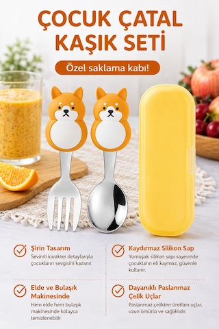 Kedi Figürlü Premium Çocuk Bpa Free Silikon Saplı Paslanmaz Çelik Uçlu Çatal-kaşık, 9+ Ay