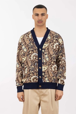 Aymer Cashmere Paisley Jakarlı V Yaka Cardigan - Kontrast Kenarlar Ve Horn Düğme Lacivert