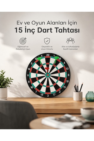 15 İnç Büyük Boy Dart Tahtası Ev Oyun Seti 4 Adet Metal Uç Oklu - Lisinya