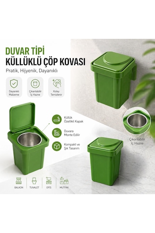Duvara Monte Kapaklı Mini Çöp Kovası Çıkarılabilir Hazneli Pratik Duvar Tipi Kutu Yeşil