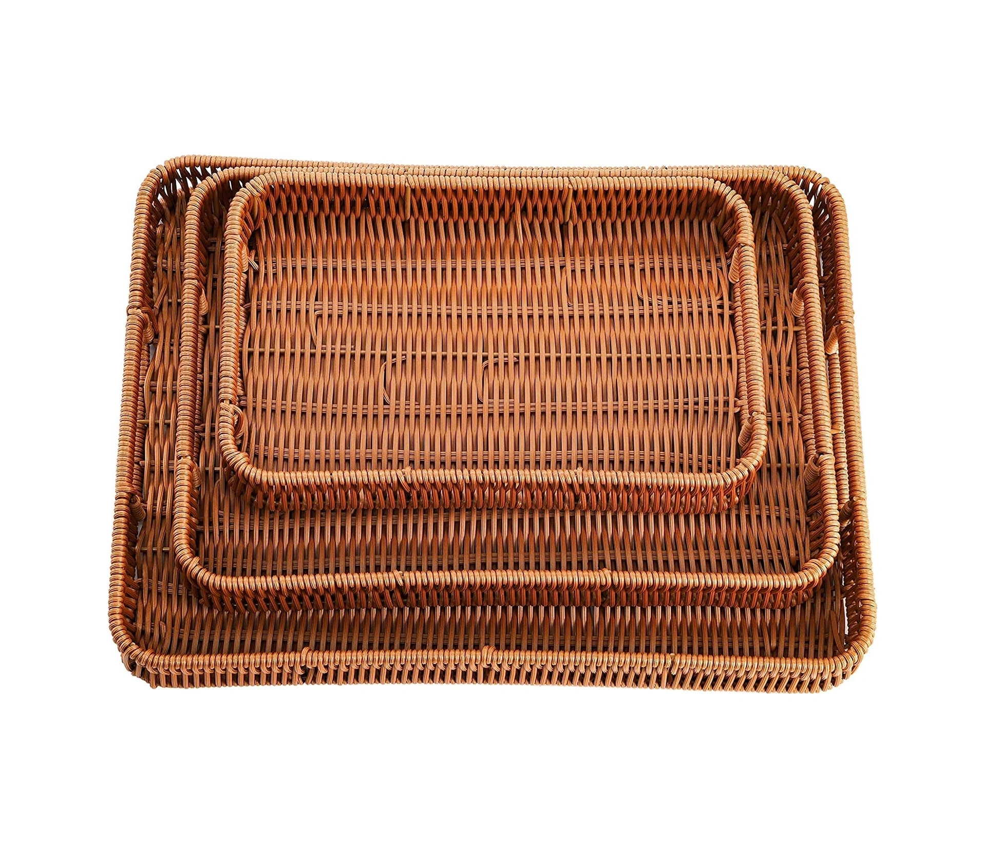 Qerhome 3'lü Rattan Servis Tepsisi Dikdörtgen 30-35-40 Cm Kahverengi