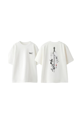 Thewert Samuray Kılıcı Ve Balıklar Tasarım Sırt Baskılı Pamuk Beyaz Oversize T-shirt