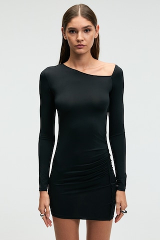 Grımelange LUKKID Kadın Esnek Kumaşlı Asimetrik Yakalı Slim Fit Siyah Elbise