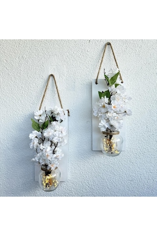 Led Işıklı, Lüx Beyaz Bahardalı Çiçekli Duvar Dekoru Beyaz İkili Set Beyaz