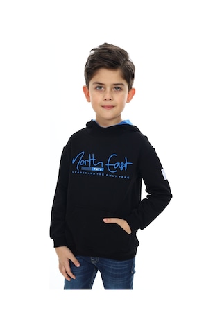 Toontoy Kids Toontoy Erkek Çocuk Relax Fit Kapüşonlu Cepli Hafif Düşük Omuz Baskılı Sweatshirt - 2 İplik Siyah