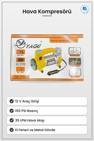 Hava Kompresörü El Fenerli Metal 12v Psı Araç Lastik Şişirme Oto