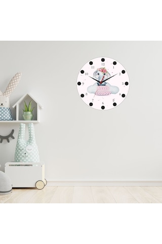 Sevimli Fil Temalı İsimli Cam Duvar Saati Çocuklara Özel Tasarım 20x20 Beyaz