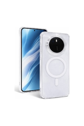 Huawei Mate 60 Pro Uyumlu Kamera Korumalı Magsafe Wireless Şarj Özellikli Lüks Şeffaf Silikon Telefon Kılıfı Şeffaf