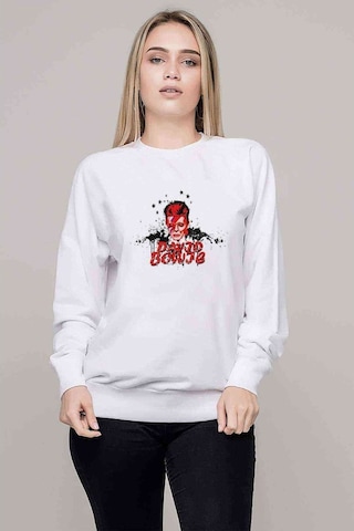 David Bowie Baskılı Beyaz Kadın Sweatshirt