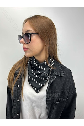 Siyah Fon, Beyaz Damlalar, Fular 6, 57cmx55cm Siyah Beyaz