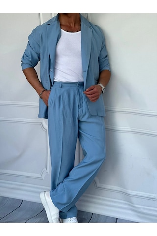 Modefendi Marino Tam Yazlık Extra Oversize %100 Keten Takım Bebe Mavi