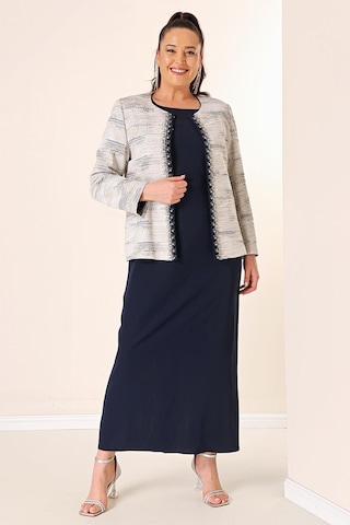 Kolsuz Uzun Elbise Taş Detaylı Jakarlı Büyük Beden Astarlı 2'li Takım-35344-lacivert Lacivert