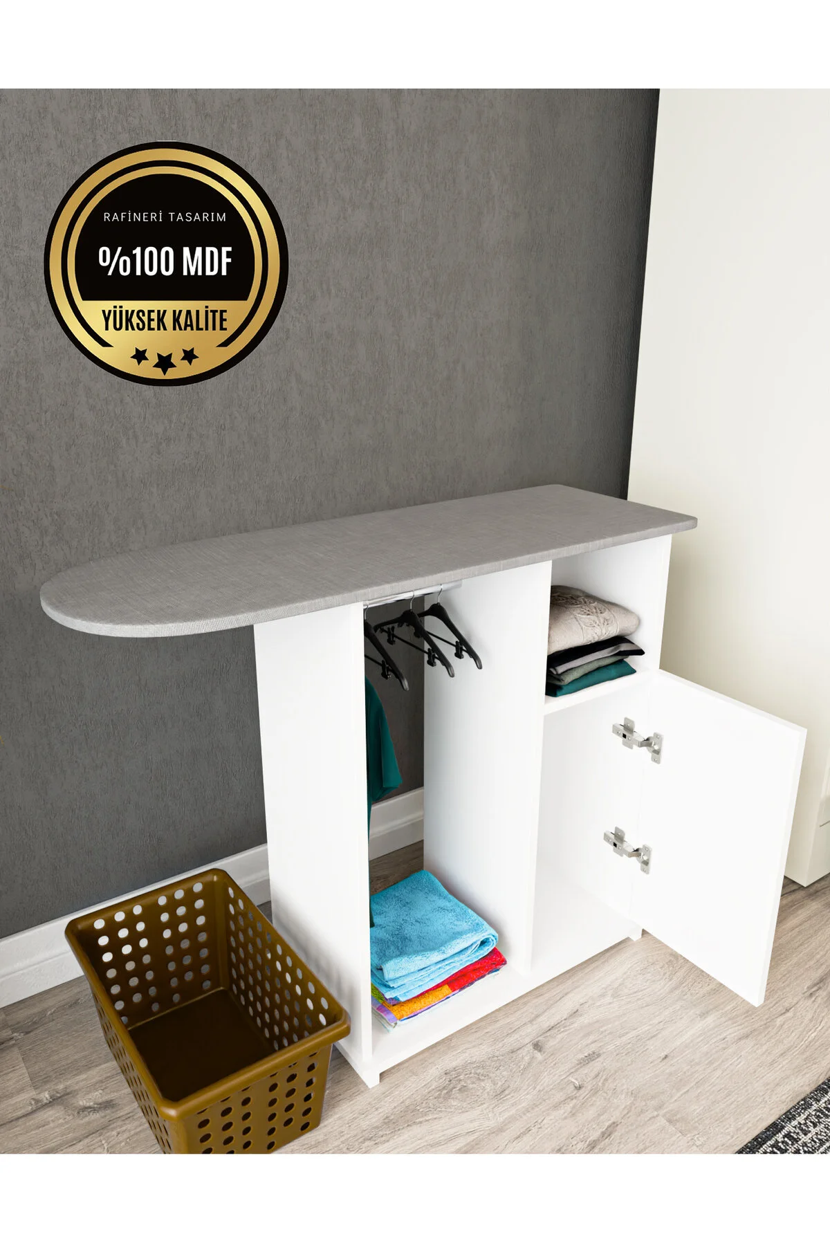 Event Ütü Masası Dolaplı Askılı Mdf Kahverengi Ütü Masası Dolaplı Ütü Standı Beyaz