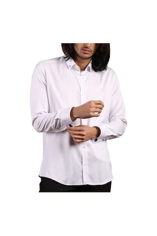 Dicotto Beyaz Düğmeli Yaka Ve Zincirli Uzun Kol Dar Kesim Micro Kumaş Kol Düğmeli Slim Fit Erkek Gömlek - 198-1 001