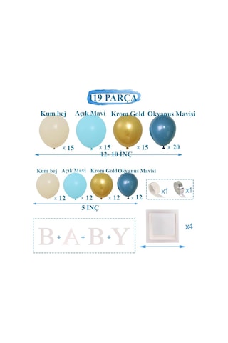 Okyanus Temalı Baby Shower Set 119 Parça Okyanus Mavi, Deniz Kumu, Krom Gold Ve Açık Mavi Balon Set