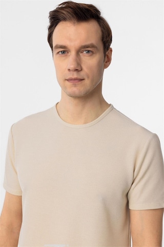 Süvari Bej Slim Fit Armürlü Bisiklet Yaka Tişört-37337 Bej