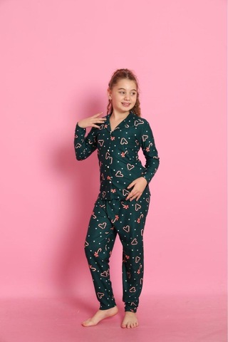 Free Beka Yılbaşı Desenli Uzun Kollu Önden Düğmeli Gömlek Yaka Anne Kız Pijama Takımı Yeşil