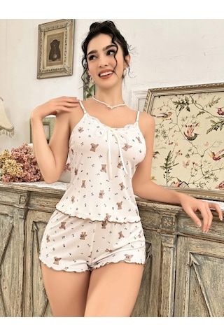 Motto10 Butik Kadın Ayıcık Desenli Şortlu Pijama Takım 5179 Ekru