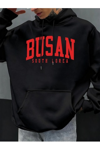 Tarzsokak Busan Güney Kore Mektup Desen Erkekler Büyük Boy Hoodie Rahat Hoody Sonbahar Moda Streetwear Siyah