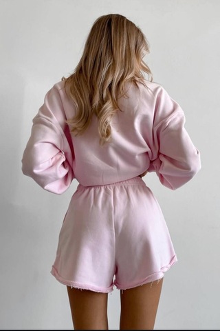 Madmext Pembe Polo Yaka Kadın Şort Sweatshirt Takım Mg2375