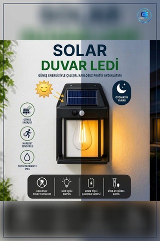 Ampul Model Solar Led Duvar Aplik Hareket Sensörlü Güneş Enerjili