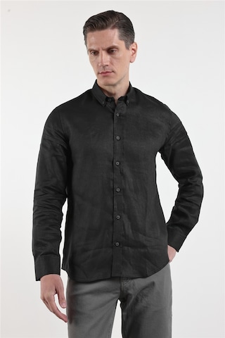 İmza Siyah Keten Düğmeli Yaka Uzun Kol Cepsiz Slim Fit Keten Gömlek 1004260161 XL