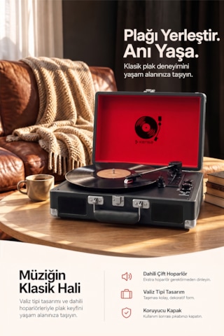 Kensa Bluetooth Lu Nostaljik Çantalı Pikap 33/45/78 Devir Dahili Bataryalı Plak Çalar Siyah
