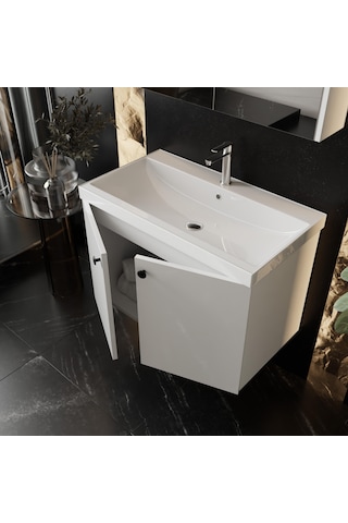 Karen Banyo Mimoza 80 Cm Seramik Lavabolu, Aynalı Banyo Dolabı Seti Lavabo Dahil Komple MDF
