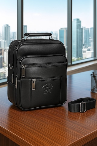 Newish Polo Erkek Siyah Deri Postacı Kasalı El Omuz Çantası Orta - Siyah