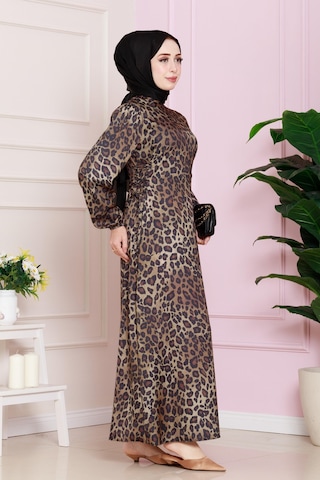 Yanı Bağcıklı Leopar Desenli Tesettür Abiye-kahverengi-4682