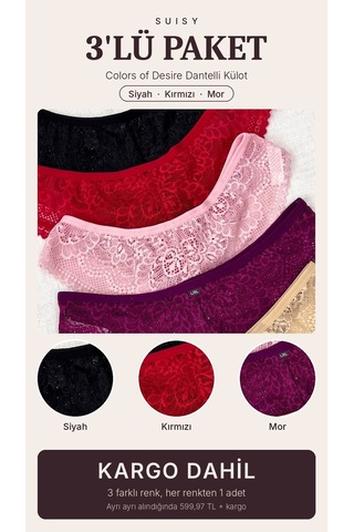 Suısy Colors Of Desire Dantelli Külot 3'lü Paket Gül Kurusu - Ten - Bordo Çok Renkli