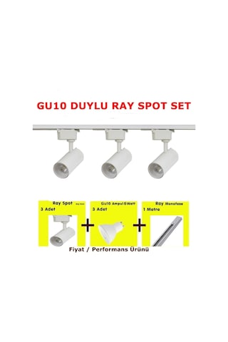 Mini Ray Spot 3'lü Set Gu-10 Duylu Beyaz Kasa Beyaz Işık 3 Spot Lamba + 1 Mt Ray + 3 Gün Işığı Gu10 Led Ampul