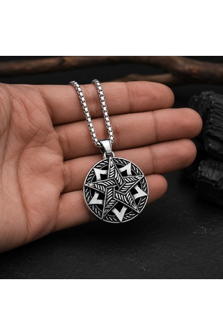 Antik Gümüş Antrasit Renk Paslanmaz Çelik Pentagram Yıldızı Kolye Metalik Gümüş