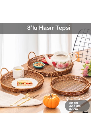 Porsima 710-c Yuvarlak 3'lü Hasır Tepsi Dekoratif Sunum Tepsisi