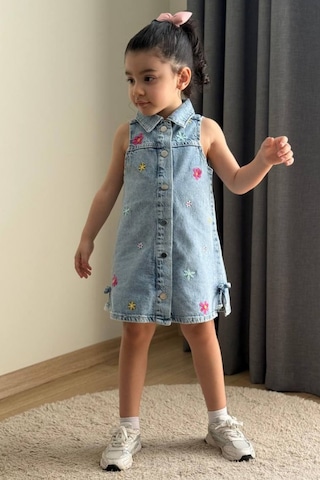 Boyboy Kidswear Kız Çocuk Çiçek Nakışlı Denim Elbise Mavi Kot Mavisi