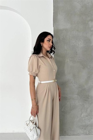 Neşeli Butik Kadın Bej Gömlek Yaka Kemerli Geniş Paça Tulum Nbk4197
