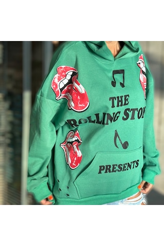 Yeşil Renk Üzeri Kırmızı Dil Desen Yazı Baskılı Oversize Sweatshirt Yeşil