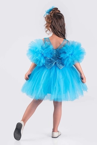 Kız Çocuk Abiye Elbise Ponpon Kol Pul Payetli Tütülü Mavi