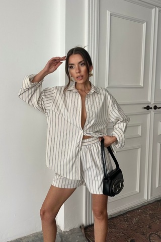 Poplin Çizgili Gömlek - Şort Takım - Bej Bej