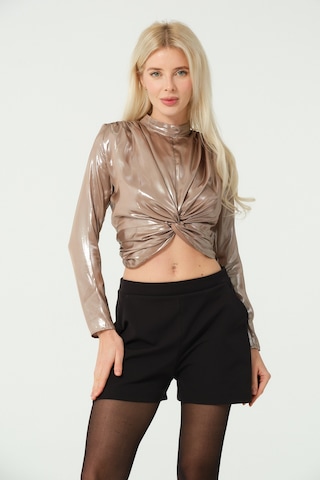 S'amore Clothing Asimetrik Crop Bluz Metalik Metalik Gold