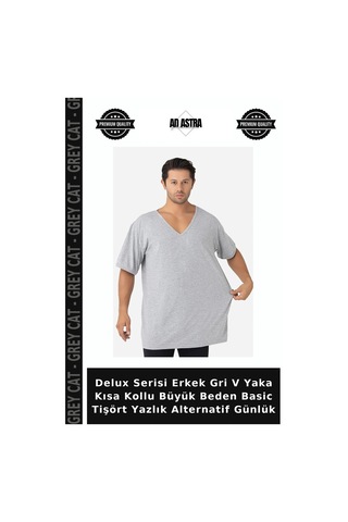 Grey Cat Delux Serisi Erkek Gri V Yaka Kısa Kollu Büyük Beden Basic Tişört Yazlık Alternatif Günlük