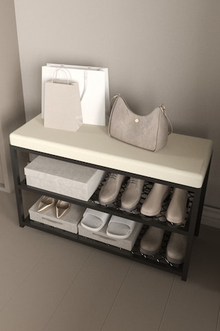 Aju Ayakkabılık Puflu Süngerli Oturaklı Metal Ayakkabı Rafı Modern Vestiyer Baklavalı Metal Tasarım Benc Krem