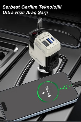 66w Araç Hızlı Şarj Cihazı Usb-c & İos Uyumlu Geri Çekilebilir Kablo Dijital Ekran 66w White